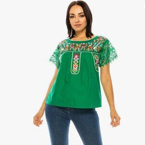 NWT unik Women Traditional Puebla Mexican Laced Embroidered Blouse Size S Green